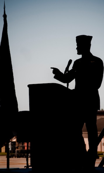 MOODY AIR FORCE BASE, Ga. -- Col. Eric Overturf, 442nd Fighter Wing commander, gives a speech during a change of command ceremony May 7. During his speech, Colonel Overturf discussed the many accomplishments of both the incoming and outgoing 476th Fighter Group commanders. (U.S. Air Force photo/Airman 1st Class Douglas Ellis)(RELEASED)
