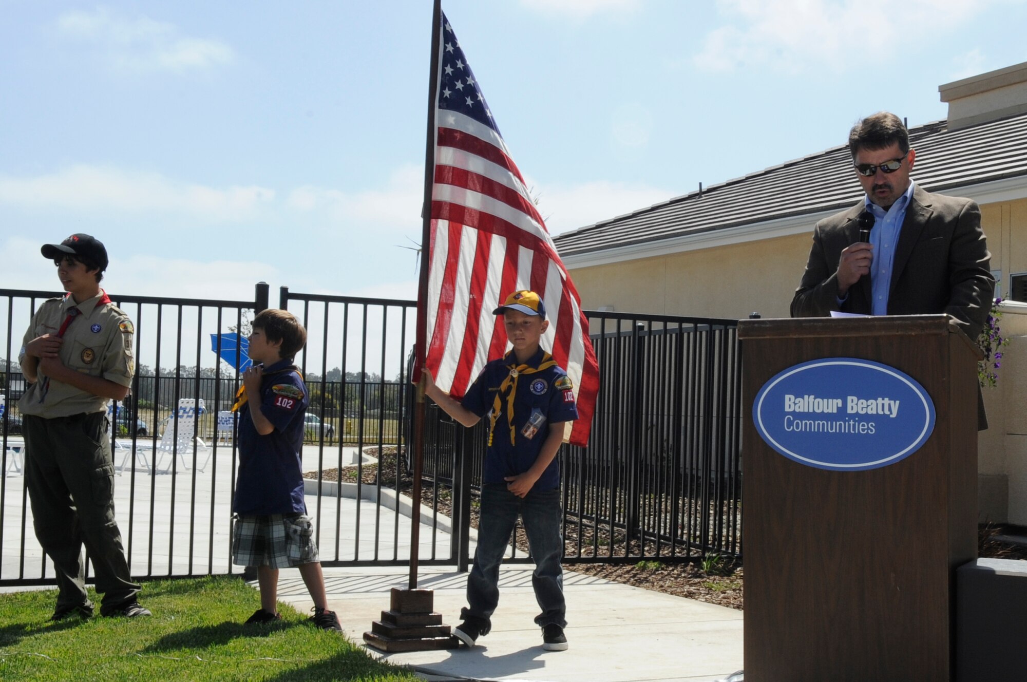 VANDENBERG AIR FORCE BASE, Calif. - Dan Savoia, the Balfour Beatty Community project development manager, speaks during at the new base housing Community Center during the ribbon cutting ceremony here Friday, May 6, 2011. The Center is equipped with a pool, dog park, grilling pavilion, and the Balfour Beatty housing center. (U.S. Air Force photo/Senior Airman Lael Huss)