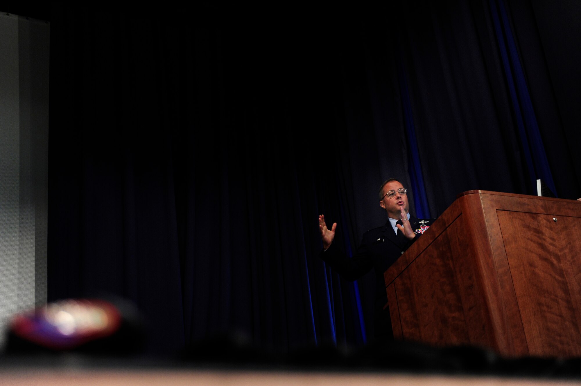 U.S. Air Force Col. Peter Donnelly, 18th Air Support Operations Group commander, speaks at the 342nd Training Squadron Detachment 3 Tactical Air Control Party graduation ceremony for class Falcon 86, Hurlburt Field, Fla., May 3, 2011. After 84 days and nights of grueling training, the TACP trainees received their black berets. (U.S. Air Force photo by Staff Sgt Julianne M. Showalter/Released)