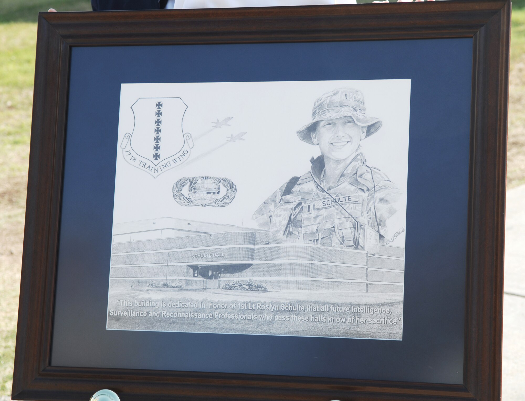 GOODFELLOW AIR FORCE BASE, Texas – The gift presented to the Schulte family following the building dedication ceremony April 29 which named building 525 Schulte Hall. (U.S. Air Force photo/Staff Sgt. Laura McFarlane).