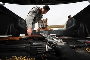 MOUNTAIN HOME AIR FORCE BASE, Idaho – Staff Sergeant Robert Wilson, 366th Security Forces Squadron Military working dog handler, and his dog, Tanja, discover a vehicle trunk full of improperly stored personally owned weapons. All firearms must be locked, kept out of sight and separate from ammunition while being transported on base. (U.S. Air Force photo by Senior Airman Debbie Lockhart)