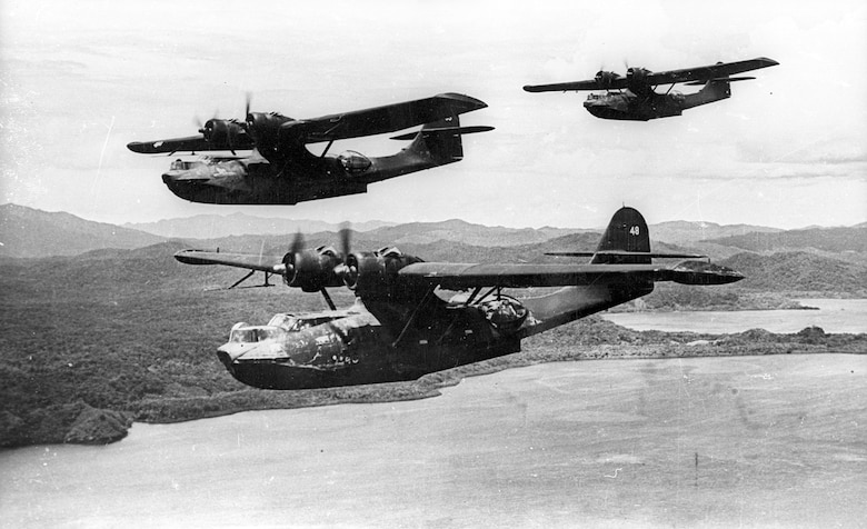 Prowling Consolidated Catalina flying boats flown by Navy and AAF pilots. The lumbering but versatile Catalina was used for reconnaissance, bombing, strafing and air-sea rescue missions. (U.S. Air Force photo)