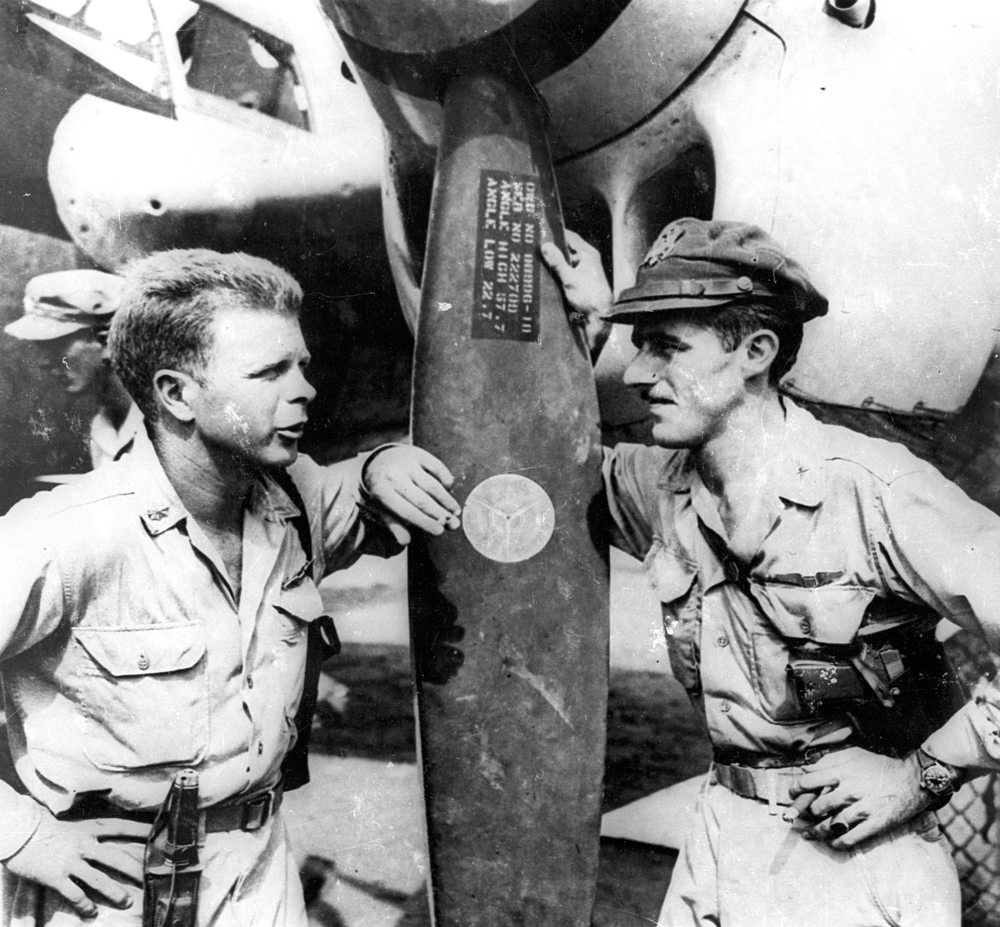 Majs. Thomas B. McGuire Jr. and Richard I. Bong on Nov. 15, 1944, in the Philippines. Majs. Bong and McGuire were the top two scoring U.S. aces in World War II with 40 and 38 victories, respectively. (U.S. Air Force photo)