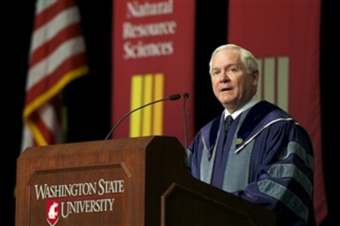 Secretary of Defense Robert M. Gates addresses the audience during the Washington State University Commencement ceremony in Pullman, Wash., on May 7, 2011.  