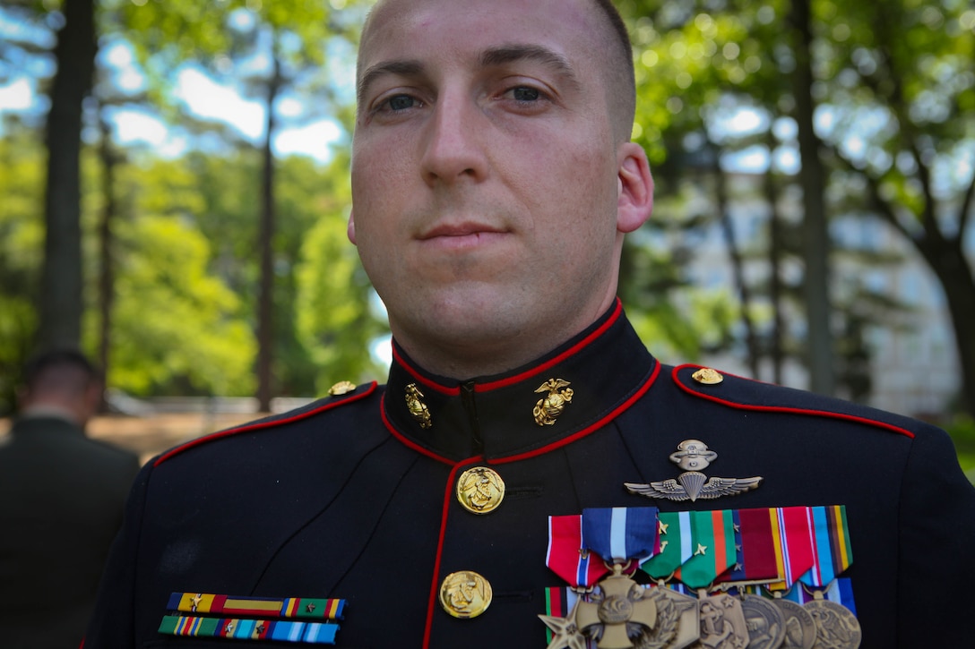 Gunnery Sgt. Brian M. Blonder was awarded the Navy Cross, the second highest award given for valor in the face of danger, during a ceremony at the Marine Corps War Memorial in Arlington, Va., May 10, 2011. He was recognized for his bravery and outstanding leadership during an all-day firefight against Taliban insurgents Aug. 8, 2008, during the battle of Shewan, Afghanistan. Although he and the Marines and sailors he was fighting alongside with were heavily outnumbered by the enemy, they managed to kill more than 50 insurgents and drove the rest out of their fortified fighting positions in the Taliban infested village in southern Farah province. Blonder, a reconnaissance Marine by trade, was serving as platoon sergeant with a force reconnaissance platoon attached to 2nd Battalion, 7th Marine Regiment. He was personally responsible for killing at least three Taliban combatants.