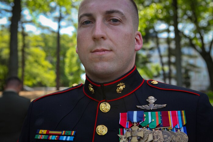 Gunnery Sgt. Brian M. Blonder was awarded the Navy Cross, the second highest award given for valor in the face of danger, during a ceremony at the Marine Corps War Memorial in Arlington, Va., May 10, 2011. He was recognized for his bravery and outstanding leadership during an all-day firefight against Taliban insurgents Aug. 8, 2008, during the battle of Shewan, Afghanistan. Although he and the Marines and sailors he was fighting alongside with were heavily outnumbered by the enemy, they managed to kill more than 50 insurgents and drove the rest out of their fortified fighting positions in the Taliban infested village in southern Farah province. Blonder, a reconnaissance Marine by trade, was serving as platoon sergeant with a force reconnaissance platoon attached to 2nd Battalion, 7th Marine Regiment. He was personally responsible for killing at least three Taliban combatants.