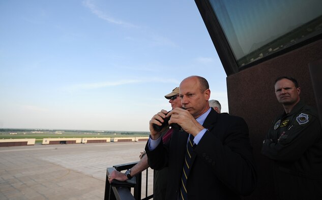 The Assistant Secretary of Defense for Nuclear, Biological and Chemical Defense Programs, Andrew C. Weber, visited Whiteman Air Force Base, May 9. During his visit, he watched a portion of a security forces’ exercise from the control tower. (U.S. Air Force photo by Senior Airman Kenny Holston) 