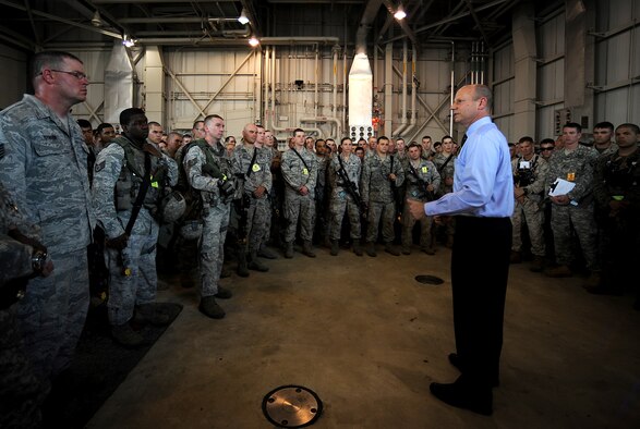 The Assistant Secretary of Defense for Nuclear, Biological and Chemical Defense Programs, Andrew C. Weber, visited Whiteman Air Force Base, May 9. During his visit, he met with Airmen, received a B-2 mission orientation and watched a portion of a security forces’ exercise on the flightline. (U.S. Air Force photo by Senior Airman Kenny Holston) 