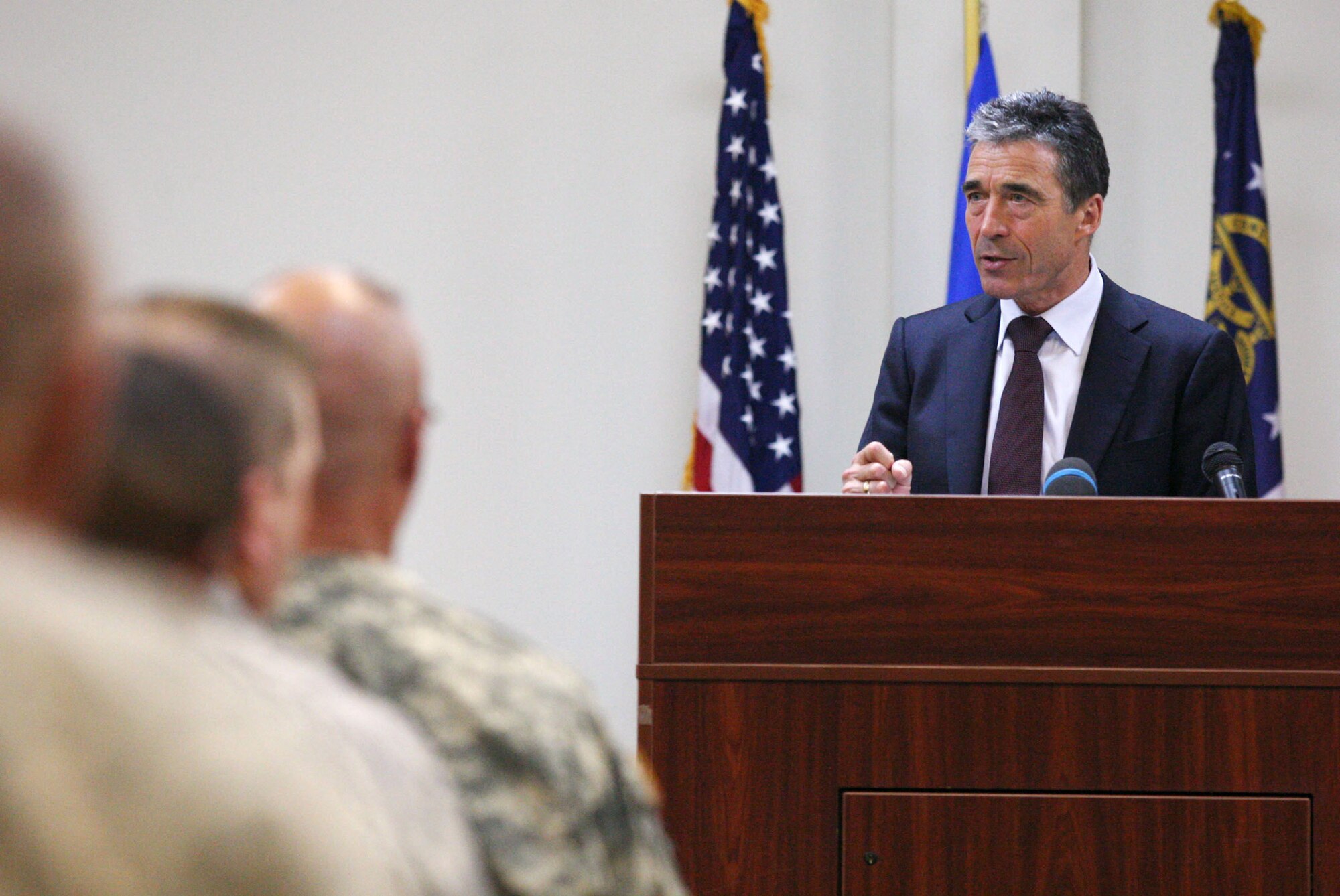NATO Secretary General Anders Fogh Rasmussen expresses his sincere thanks and appreciation to a group of Airman and Soldiers for their assistance in NATO efforts during his visit to Dobbins Air Reserve Base May 9. (U.S. Air Force Photo/Don Peek)