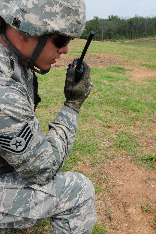 U.S. Air Force Staff Sgt Clinton Root, assigned to the 137th Security Forces Squadron, gives a SALUTE report during a training exercise on Camp Gruber, April 22, 2011. Giving a SALUTE report is just one one of the many things practiced during the training. (U.S. Air Force photo by Staff Sgt Caroline Hayworth/Released)