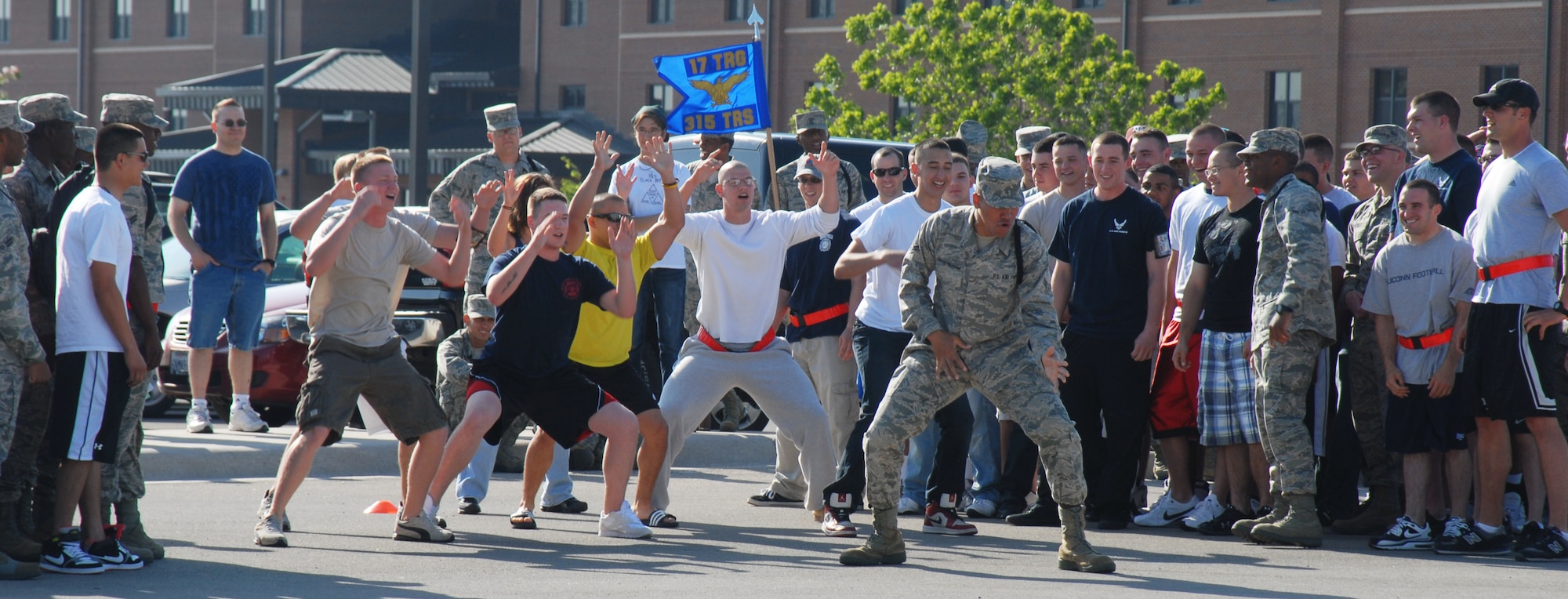 GOODFELLOW AIR FORCE BASE, Texas -- Students of the 312th Training Squadron get together to do a Samoan tribal dance at the drill competition, May 7, 2011. The 312 TRS won the squadron spirit portion of the drill competition.(U.S. Air Force photo/Airman 1st Class Michael Smith)
