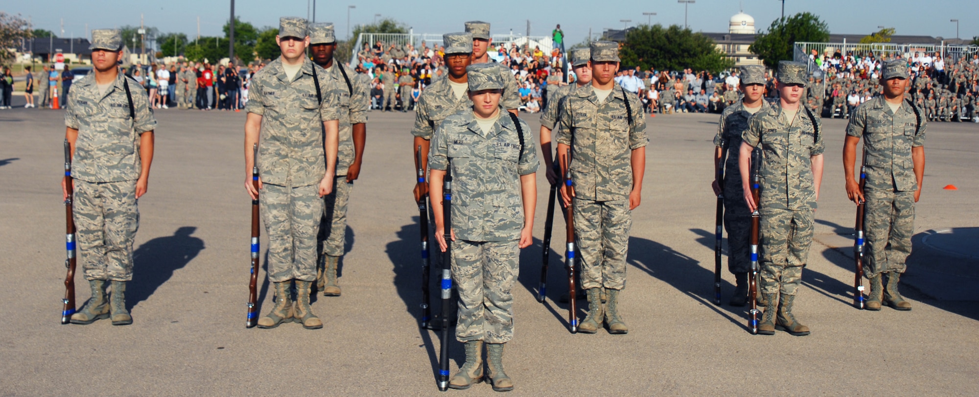 GOODFELLOW AIR FORCE BASE, Texas -- Airman 1st Class Ashely Murz, 316th Training Squadron, forms up in front of her team at the drill competition, May 7, 2011. The 316 TRS won the exhibition portion of the drill competition.(U.S. Air Force photo/Airman 1st Class Michael Smith)
