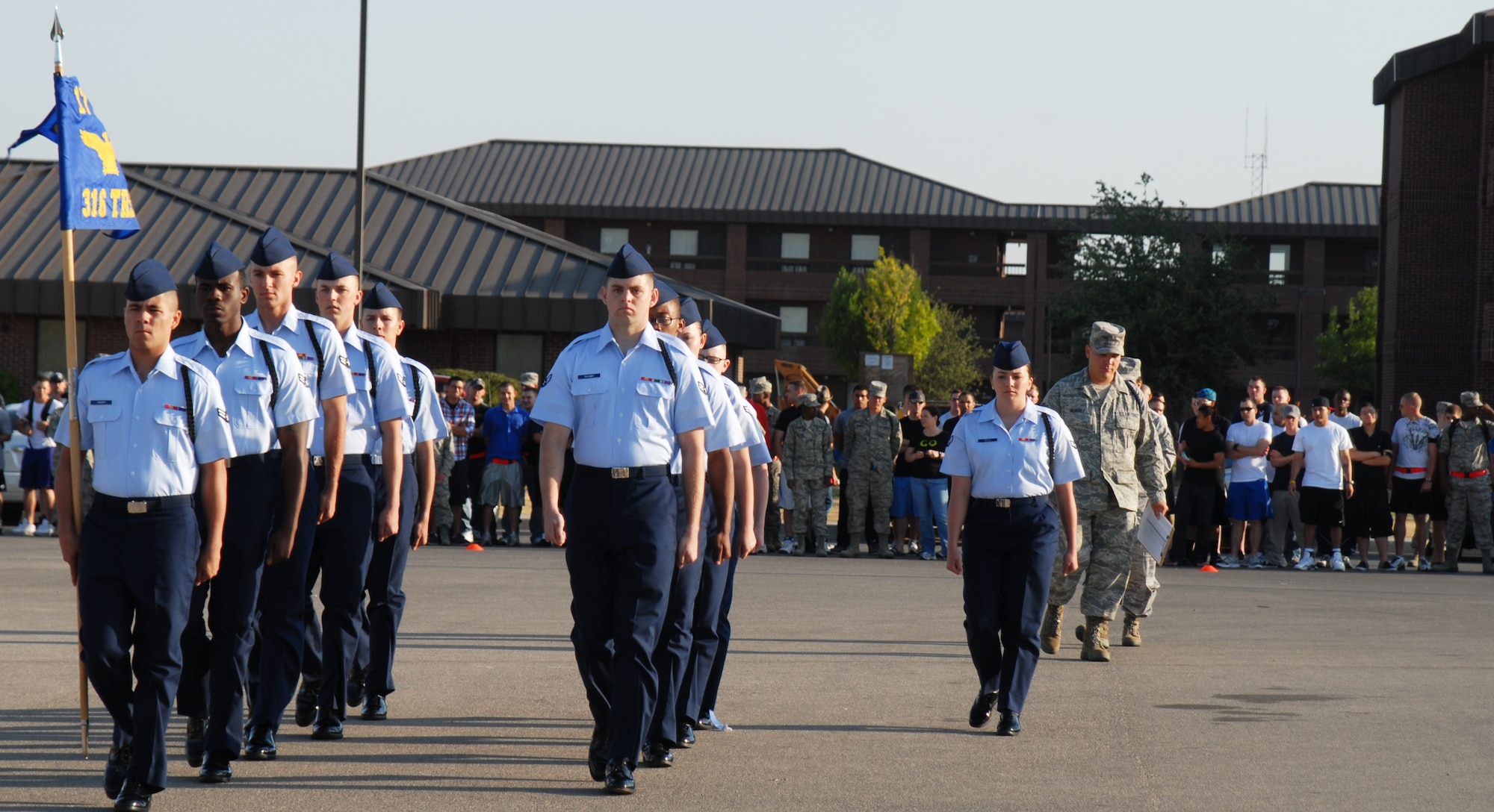GOODFELLOW AIR FORCE BASE, Texas -- Airman 1st Class Ashley Murz, 316th Training Squadron, leads her drill team as they perform regulation drill, May 7, 2011. The 316 TRS won the regulation drill portion of the drill competition.(U.S. Air Force photo/Airman 1st Class Michael Smith)
