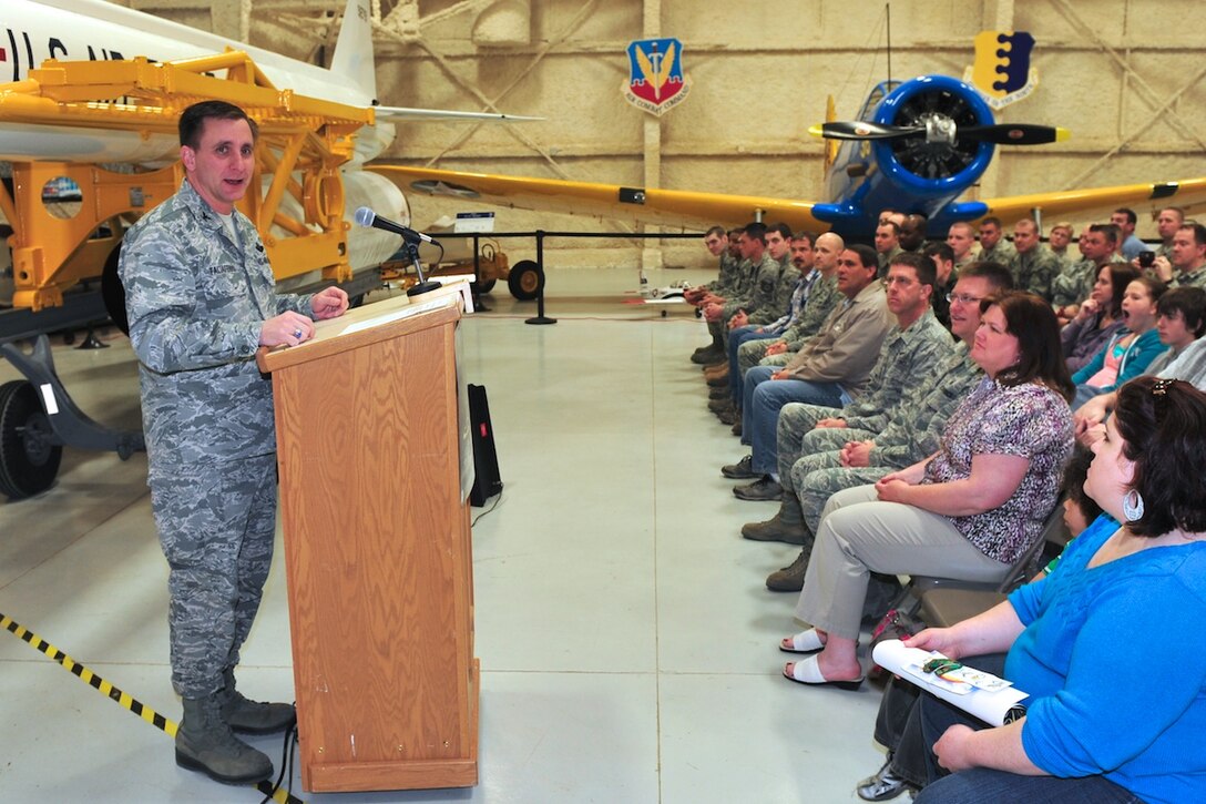 Col. Jeffrey Taliaferro, 28th Bomb Wing commander from Ellsworth Air Force Base, S.D., addresses guests attending the South Dakota Air and Space Museum’s Visitor Appreciation Day in Box Elder, S.D., May 7, 2011 before unveiling the AGM-28A “Hound Dog” missile as part of the day’s events.  In addition to unveiling the new exhibit, visitors had the opportunity to listen to an array of guest speakers, tour the facility, and enjoy a variety of displays and squadron demonstrations.  (U.S. Air Force photo by Master Sgt. Michael Morford)