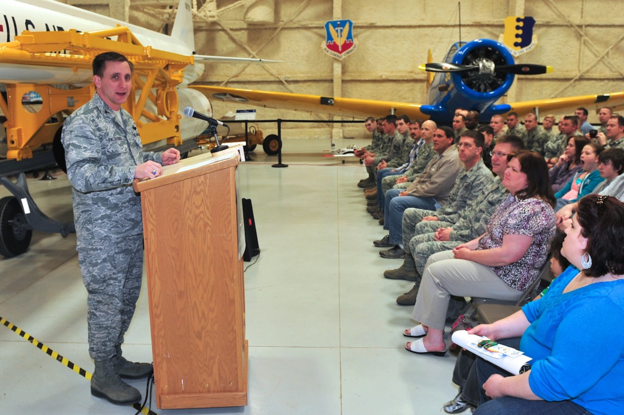 Col. Jeffrey Taliaferro, 28th Bomb Wing commander from Ellsworth Air Force Base, S.D., addresses guests attending the South Dakota Air and Space Museum’s Visitor Appreciation Day in Box Elder, S.D., May 7, 2011 before unveiling the AGM-28A “Hound Dog” missile as part of the day’s events.  In addition to unveiling the new exhibit, visitors had the opportunity to listen to an array of guest speakers, tour the facility, and enjoy a variety of displays and squadron demonstrations.  (U.S. Air Force photo by Master Sgt. Michael Morford)