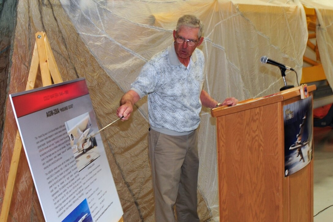 Retired Chief Master Sgt. Charles “Burt” LeCates, AGM-28A “Hound Dog” missile electronics maintainer, explains the historical significance and capabilities of the missile for guests attending the South Dakota Air and Space Museum’s Visitor Appreciation Day in Box Elder, S.D., May 7, 2011.  Cheif LeCates was one of several guest speakers throughout the day as part of the events.  (U.S. Air Force photo by Master Sgt. Michael Morford)