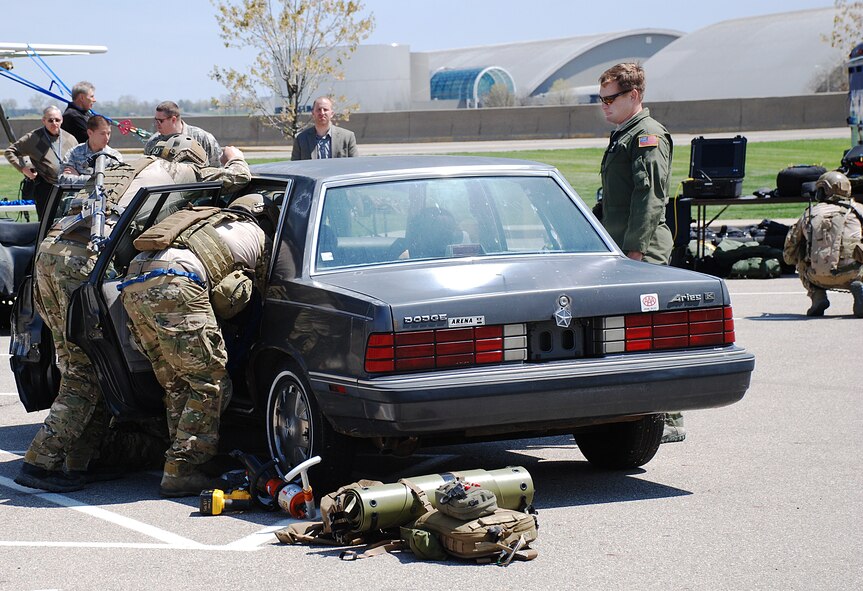 Pararescue jumpers (PJs) from the 123 Special Tactics Squadron Air National Guard Unit, Louisville, Ky. staged a rescue demonstration for researchers at the 711th Human Performance Wing, Human Effectiveness Directorate (711 HPW/RH) at Wright-Patterson Air Force Base, Ohio. The 711 HPW/RH is transitioning to the Specialized Warfighter Operations Research and Development (SWORD) program, and were learning about PJs in order to provide technology to help them perform their work more efficiently. (U.S. Air Force photo by Chris Gulliford)