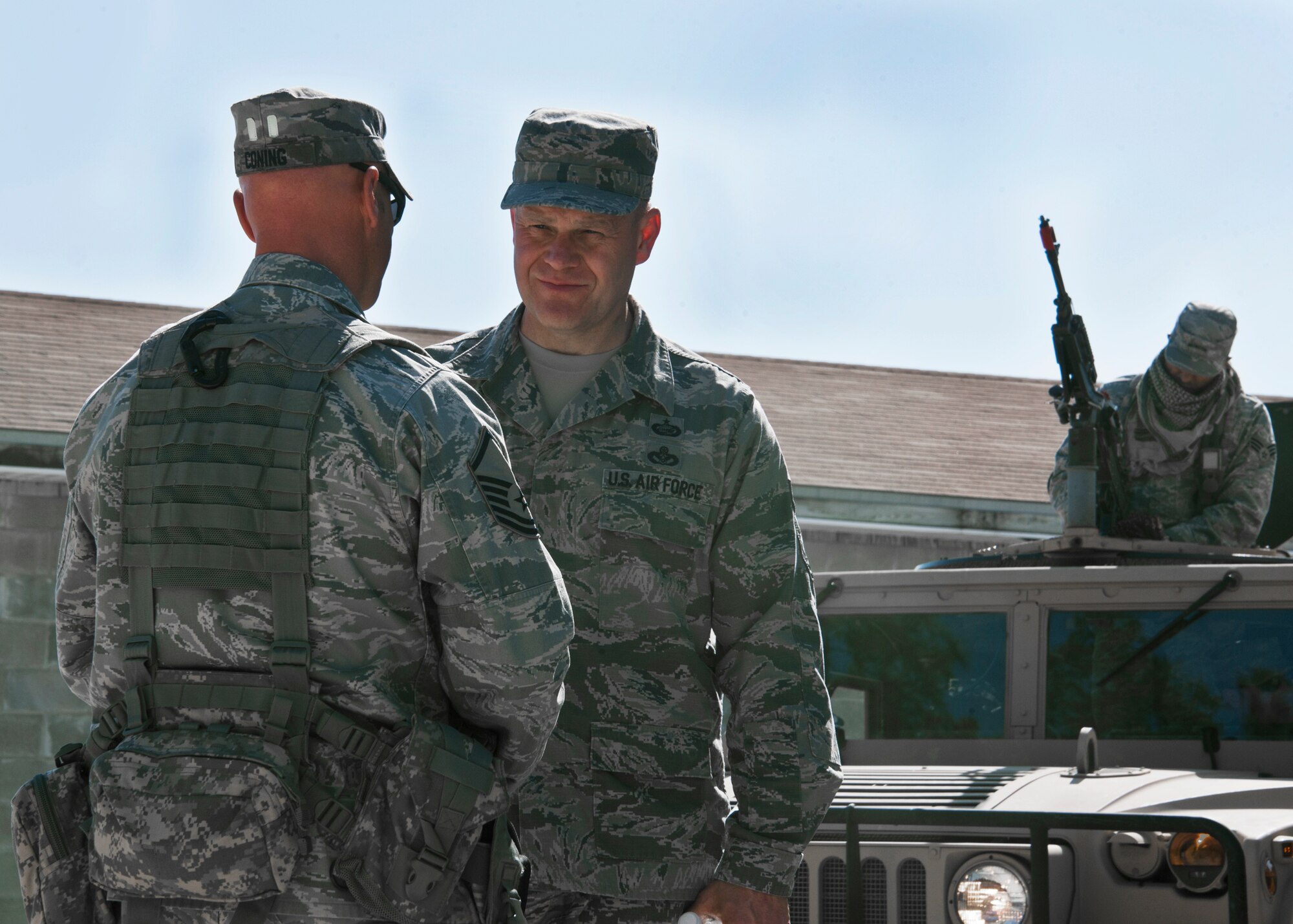 Master Sgt. Todd Coning, 96th Ground Combat Training Squadron, briefs Chief Master Sgt. of the Air Force James A. Roy on the squadron’s mission and particular scenarios taught by its instructors at Eglin Air Force Base, Fla., May 6.  The chief received a hands-on “Brave Defender” experience with the 96th GCTS, firing weapons, watching demonstrations and driving a humvee through a village with simulated improvised explosive devices.  He also literally “flipped” when he took a ride in the humvee roll-over simulator.  (U.S. Air Force photo/Samuel King Jr.)
