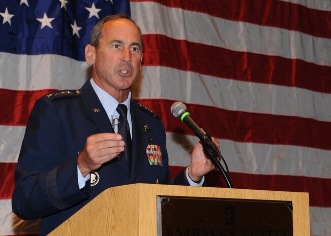 Gen. Raymond Johns Jr. addresses the audience during the "Salute to the Military" ceremony at the Charleston Area Convention Center May 5. General Johns is the Air Mobility commander. (U.S. Air Force photo/Staff Sgt. Katie Gieratz)
