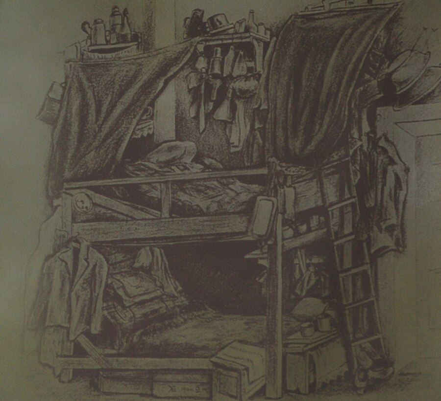 This drawing was done by a professional artist who was also a prisoner in one of the concentration camps at the same time as Eva Clarke's parents. It depicts the artist's impression of the sleeping area in one of the rooms inside the concentration camp. (Courtesy picture)