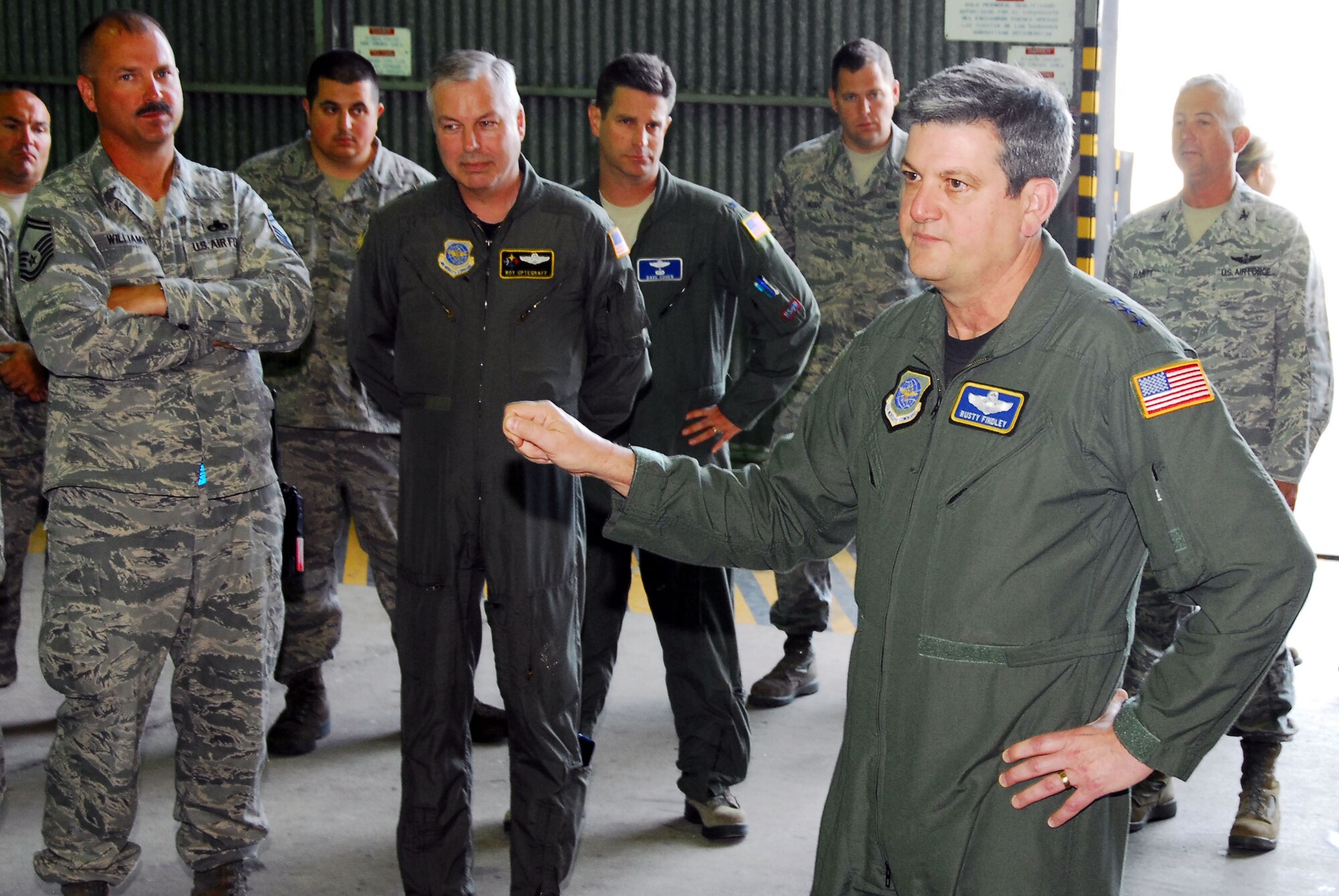 WESTERN EUROPE (May 4, 2011) -- Lt. Gen. Rusty Findley, Air Mobility Command vice commander, addresses Airmen of the 313th Air Expeditionary Wing during his visit May 4. The 313th AEW supports Operation Unified Protector, a NATO-led mission in Libya to protect civilian and civilian-populated areas under threat of attack. The 313th AEW provides aerial refueling to U.S. and coalition aircraft with KC-135 Stratotankers and KC-10 Extenders. (U.S. Air Force photo by Tech. Sgt. Stacy Gault/Released)