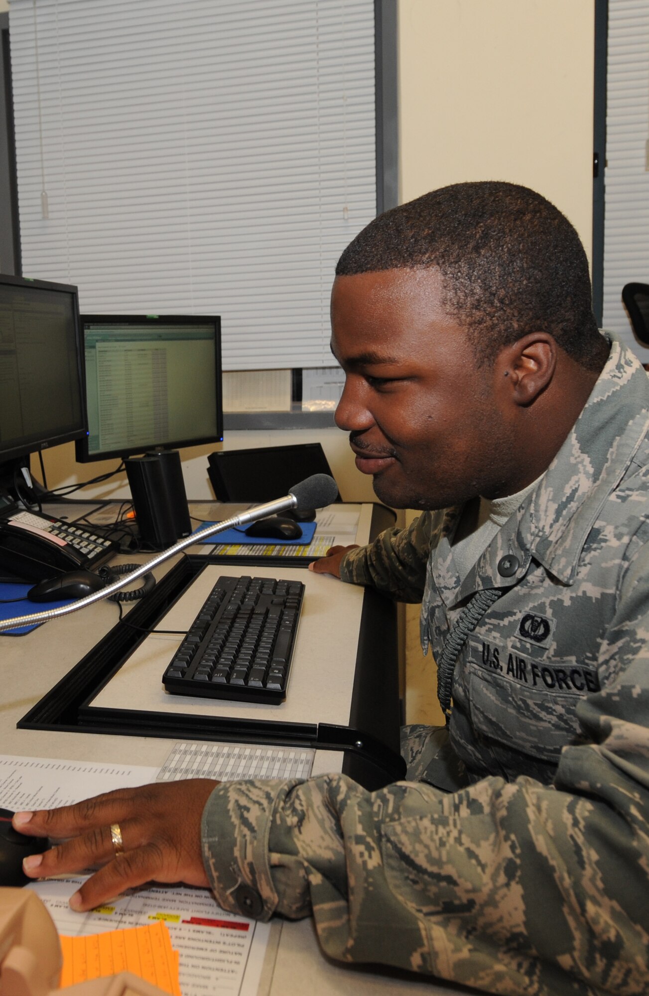 Airman 1st Class Dwayne Griffin tracks an aircraft arriving at an undisclosed location in Southwest Asia, May 4. Airman Griffin is a junior command post controller with the 379th Air Expeditionary Wing and is deployed from Grand Forks AFB, N.D. (U.S. Air Force photo/Staff Sgt. Liliana Moreno)                      