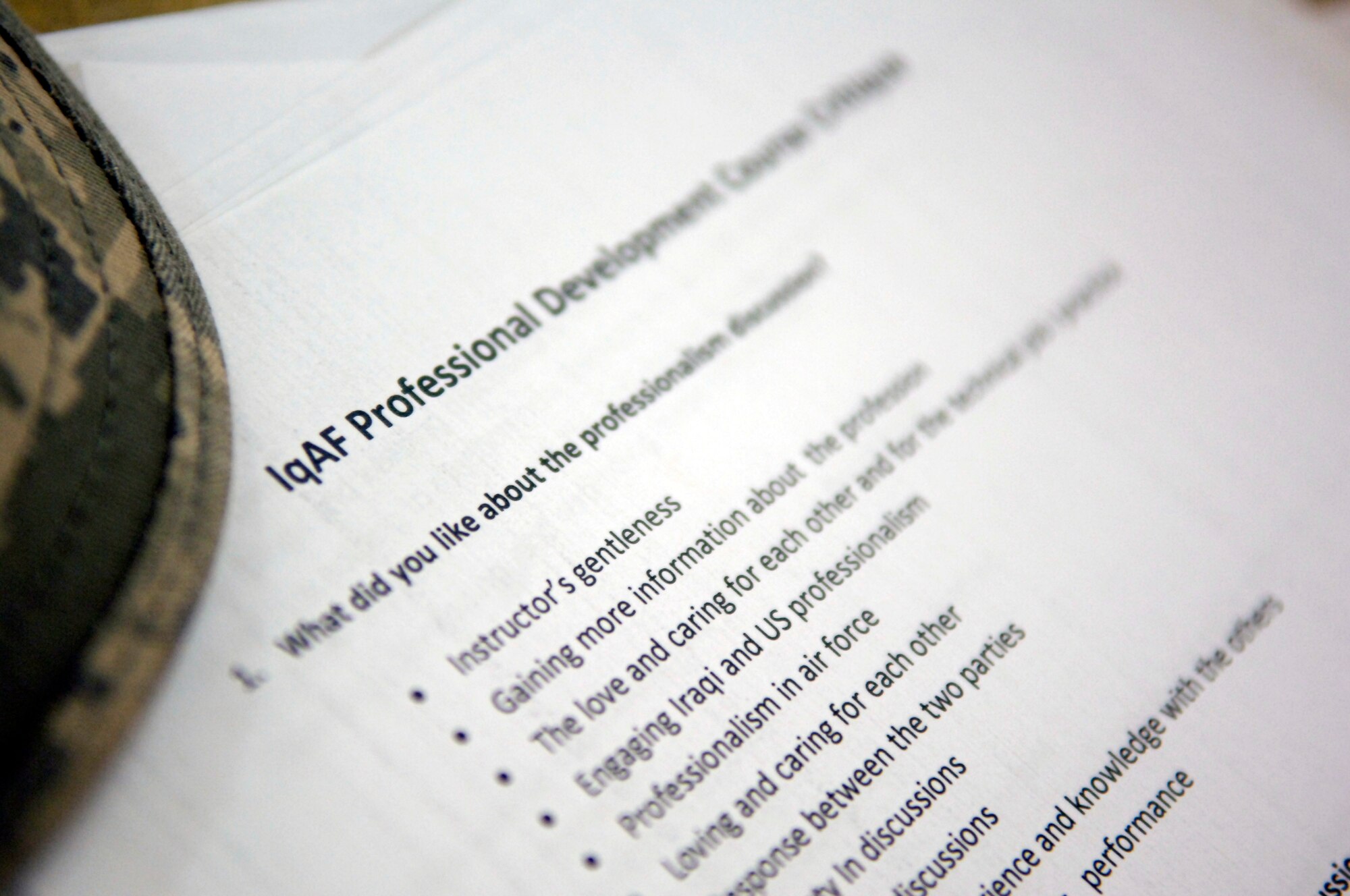 NEW AL MUTHANA AIR BASE, Iraq – A critique waits to be filled out during the latest Iraqi air force non-commissioned officer professional development course April 27. U.S. Airmen with the Iraq Training and Advisory Mission-Air and 447th Air Expeditionary Group taught the course to help the IqAF develop its NCOs into stronger leaders. (U.S. Air Force photo by Tech. Sgt. Randy Redman)
