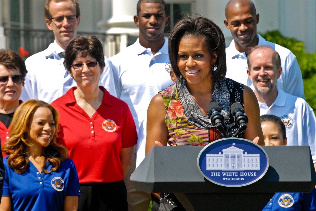 First Lady Michelle Obama announces a new fitness industry effort to support military families, particularly Guard and Reserve families, at the White House, May 9, 2011. After her remarks, the first lady and a group of about 80 National Guard and Reserve teens tried out several fitness and nutrition stations scattered across the South Lawn. 