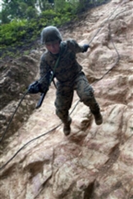 A U.S. Marine participates in the endurance course at the Jungle Warfare Training Center at Camp Gonsalves, Okinawa, Japan, on April 29, 2011.  
