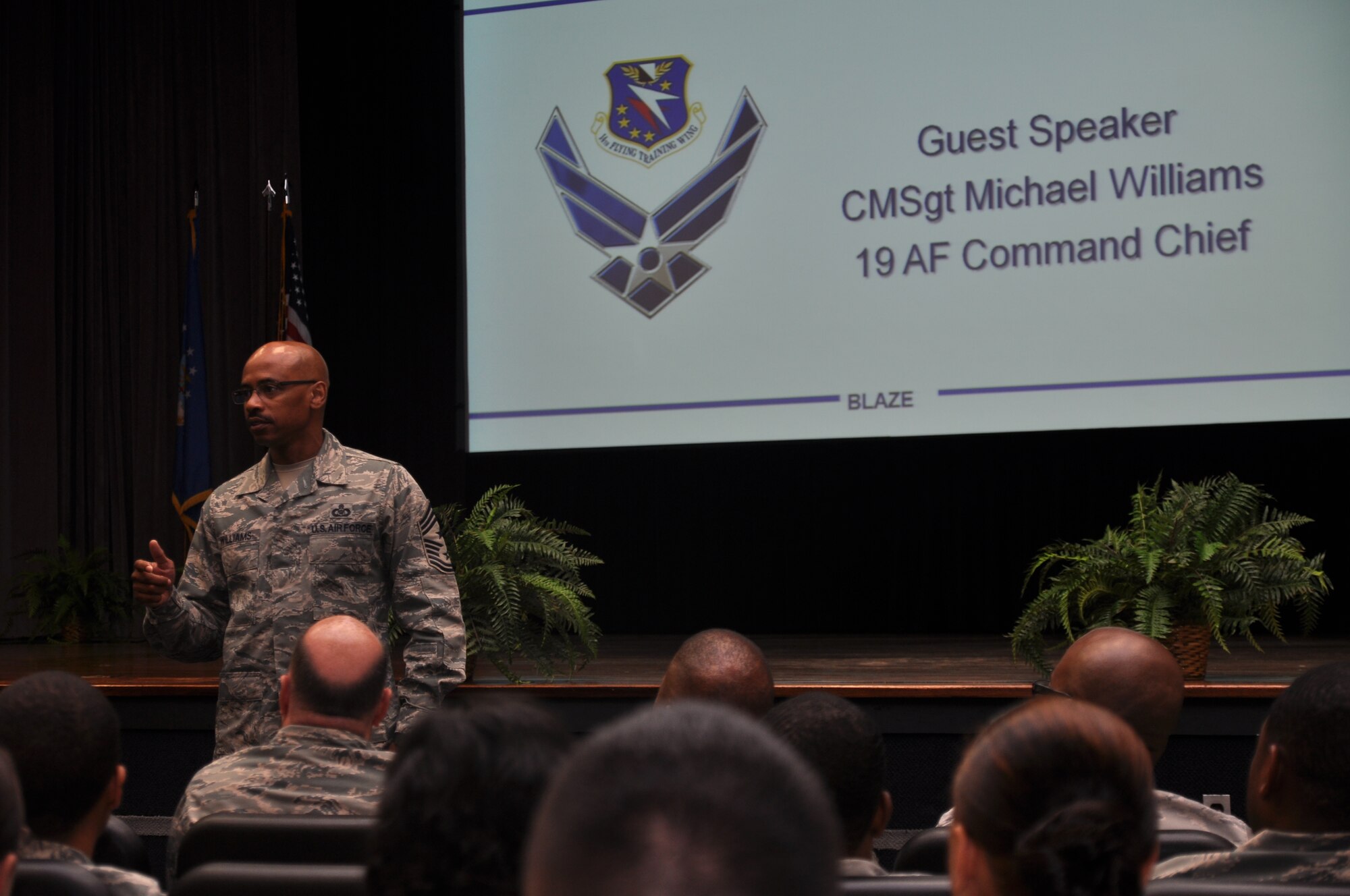 Command Chief Master Sgt. Michael Williams talks with Columbus AFB Airmen during an enlisted call at Kaye Auditorium May 11. Topics included the responsibilities of being an Airman in today’s Air Force, force balancing and the planned deactivation of the 19th AF. (U.S. Air Force photo/Airman 1st Class Chase Hedrick)