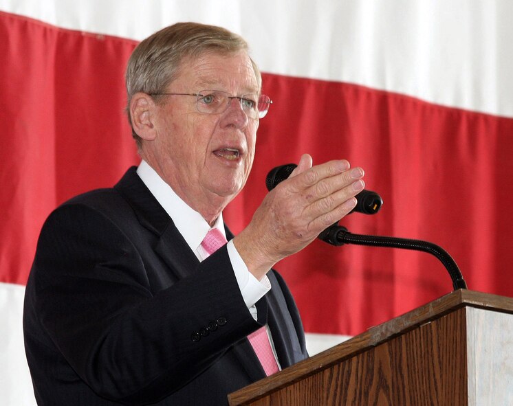 The Honorable Johnny Isakson, United States Senator for Georgia and host for Academy Day 2011 speaks to the students and parents assembled at Dobbins ARB, May 7.  (U.S. Air Force photo/ Don Peek)