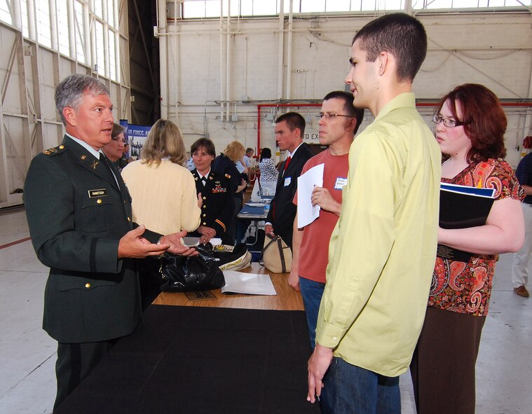A West Point Representative talks to a family attending Academy Day 2011 at Dobbins ARB, May 7.  (U.S. Air Force photo/ Brad Fallin)
