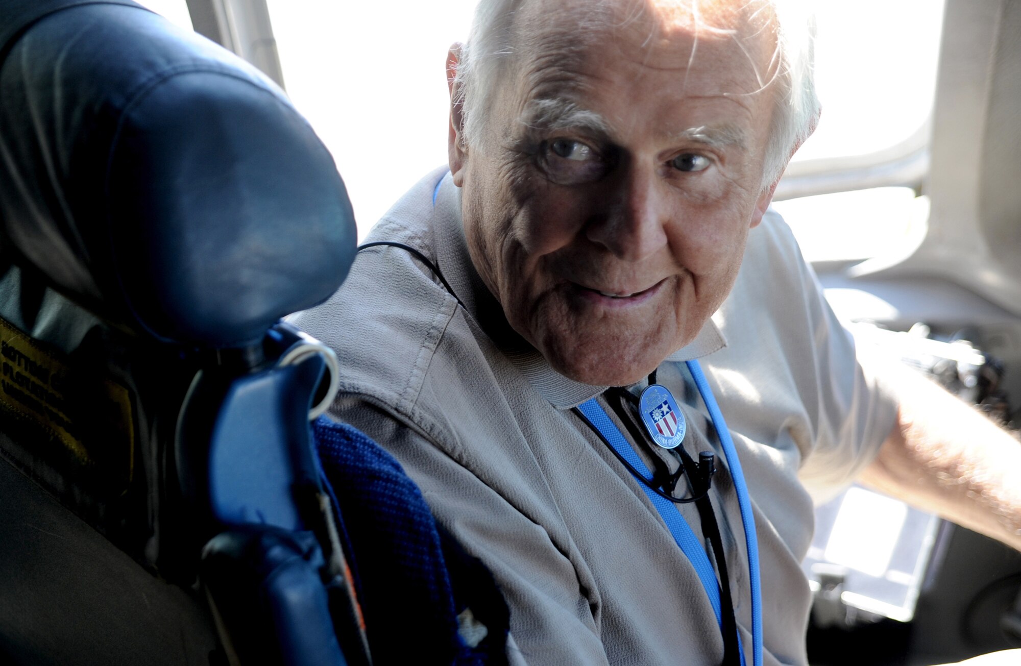Retired Col. Bill Thomas sits in the cockpit of a static C-17 Globemaster III, May 5, 2011 at Joint Base Charleston, S.C. Colonel Thomas was a World War II "Hump" pilot who flew with the U.S. Army Air Corp's Air Transport Command, flying supplies over the Himalayan Mountains in support of Chinese forces fighting the Japanese. (U.S. Air Force photo/Staff Sgt. Nicole Mickle)

