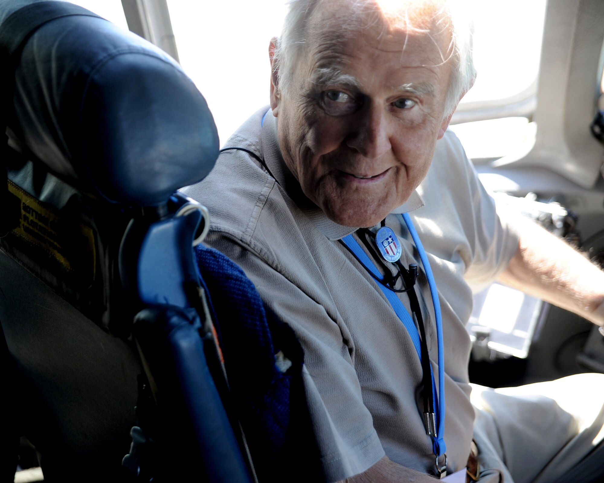Retired Col. Bill Thomas sits in the cockpit of a static C-17 Globemaster III, May 5, 2011 at Joint Base Charleston, S.C. Colonel Thomas was a World War II "Hump" pilot who flew with the U.S. Army Air Corp's Air Transport Command, flying supplies over the Himalayan Mountains in support of Chinese forces fighting the Japanese. (U.S. Air Force photo/Staff Sgt. Nicole Mickle)

