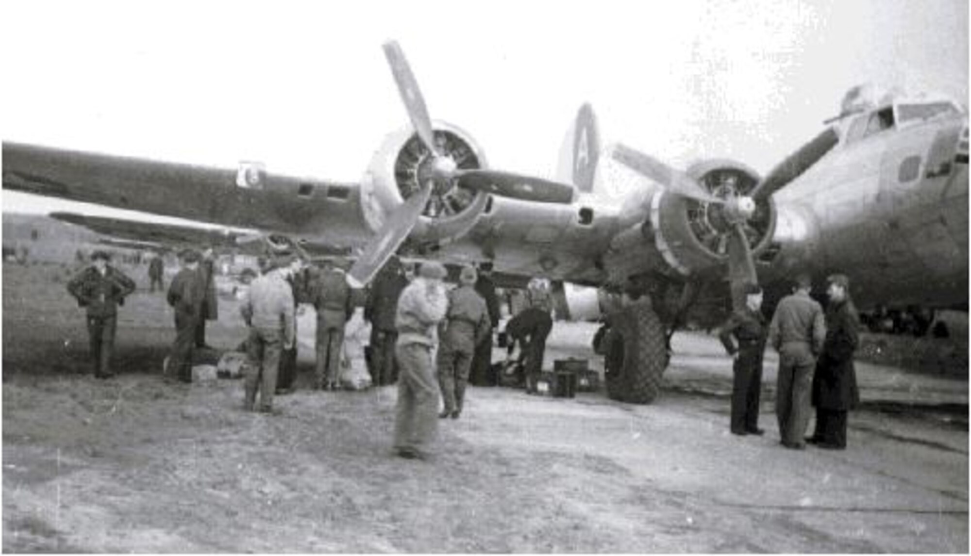 Ex-Prisoners of War from Stalag Luft 1 await their flight to freedom aboard B-17s from the 91st Bomb Group flying out of Bassingbourn, England. (Courtesy photo from Charlie Hudson)