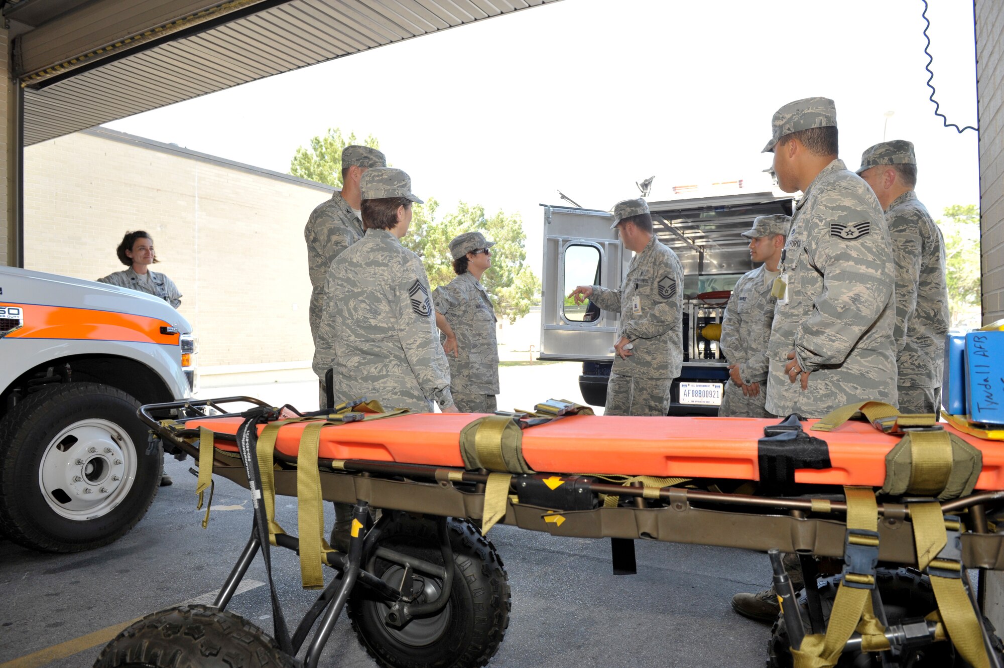 Colonel Margaret Matarese, Air Education and Training Command surgeon general, and Chief Master Sgt. Marie Potts, AETC chief of the medical enlisted force, received a briefing on Tyndall's beach rescue capabilities from Master Sgt. Larry Cerbantec, 325th Medical Operations Squadron. Col. Matarese and Chief Potts visited the 325th Medical Group recently as part of the AETC SG site visit program. (U.S. Air Force photos by Jonathan Gibson) 