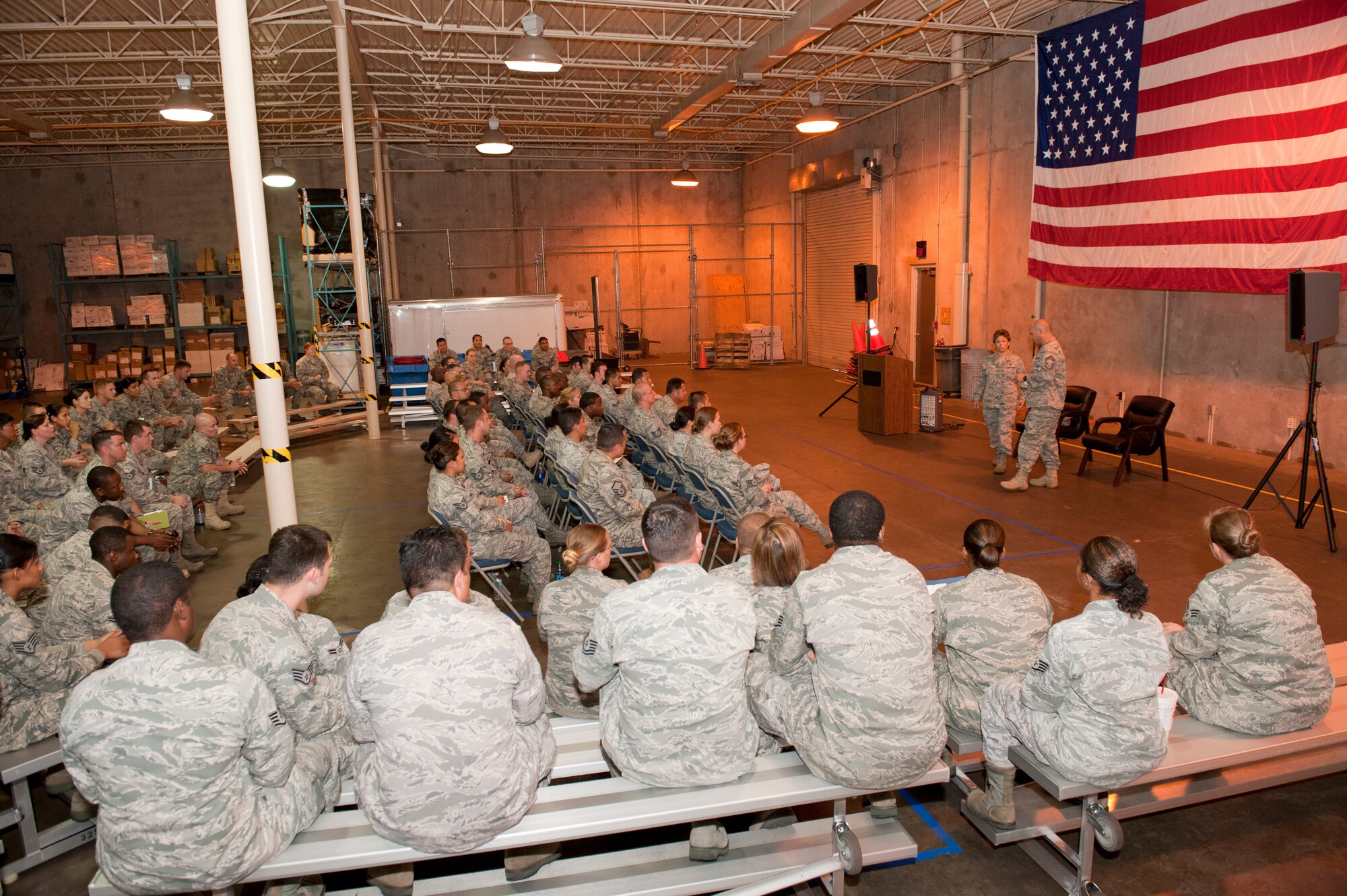 Chief Master Sgt. Stanley Skipper, 325th Medical Group, introduces Chief Master Sgt. Marie Potts, AETC chief of the medical enlisted force, during a recent visit. Col. Margaret Matarese, Air Education and Training Command surgeon general, and Chief Potts visited the 325th MG as part of the AETC SG site visit program. (U.S. Air Force photos by Jonathan Gibson)

