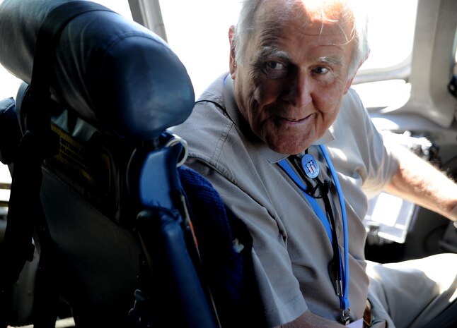 Retired Col. Bill Thomas sits in the cockpit of a static C-17 on Joint Base Charleston, May 5.  Colonel Thomas was a World War II Hump pilot who flew with the U.S. Army Air Force's Air Transport Command, flying supplies over the hump of the Himalayan Mountains in support of Chinese forces fighting the Japanese.  (U.S. Air Force photo/ Staff Sgt. Nicole Mickle)  