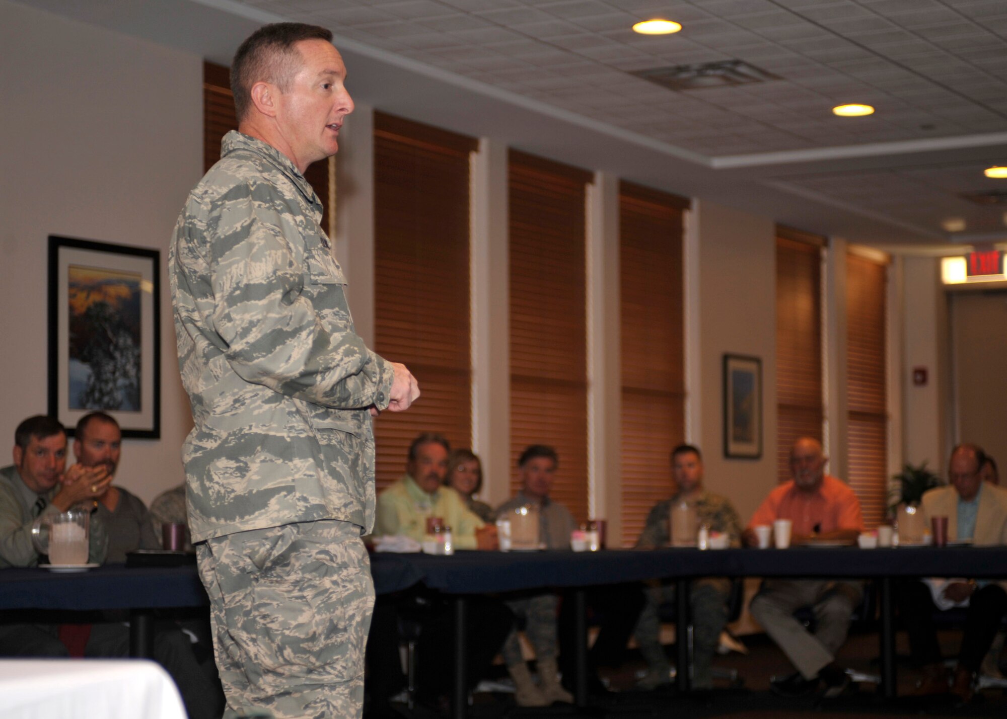 U.S. Air Force Col. Stephen Clark, 27th Special Operations Wing commander, speaks to local civic leaders at Peco's Trail Dining Facility, at Cannon AFB N.M. May 11, 2011. The civic leaders were given briefs by various squadron representatives as well as first sergeants to give them a better idea of Cannon Air Force Base's inner workings. (U.S. Air Force photo by Airman Ericka Engblom) (RELEASED)