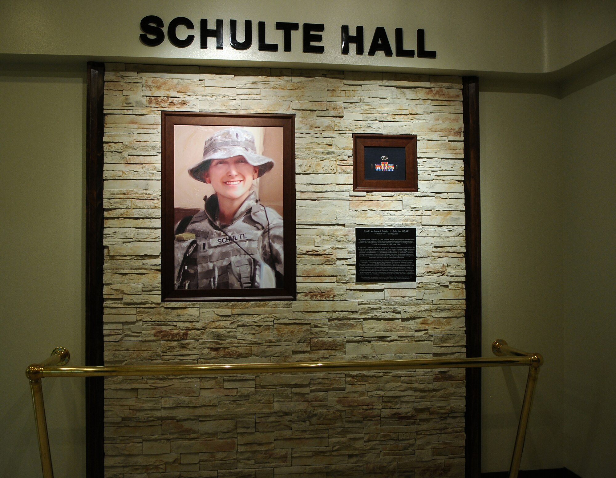 GOODFELLOW AIR FORCE BASE, Texas -- Team Goodfellow dedicated building 525 here as Shulte Hall April 29. The dedication was to honor 1st Lt. Roslyn Schulte who was killed by a roadside bomb May 20, 2009, near Kabul, Afghanistan. Shown here is an interior memorial for Lieutenant Schulte. (U.S. Air Force photo/Staff Sgt. Heather L. Rodgers)
