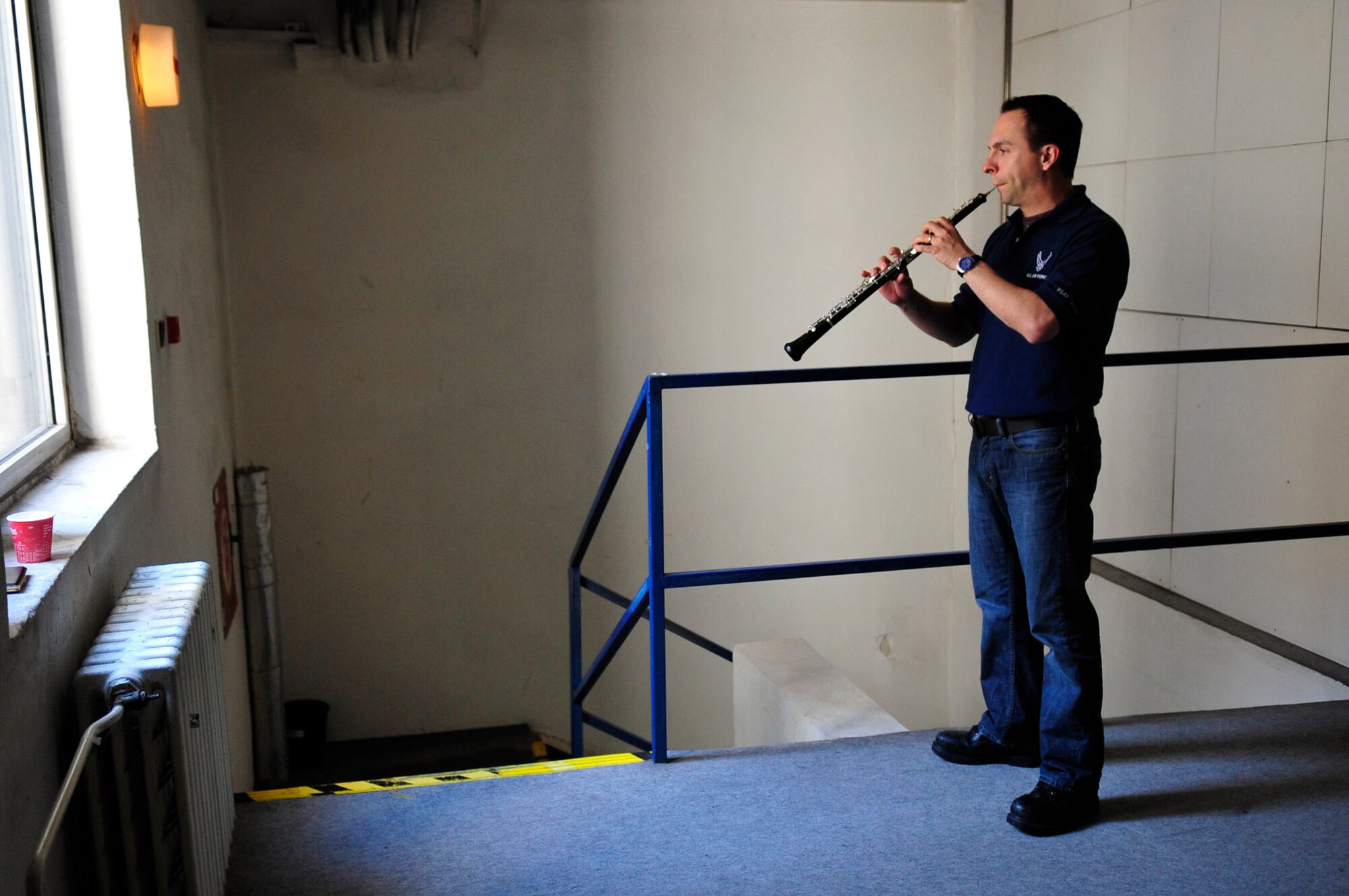 U.S. Air Force Staff Sgt. Justin Hummer, oboist and facility manager with the United States Air Forces in Europe Band practices and warms up before a performance, Bratislava, Slovakia, May 4, 2011. The USAFE concert band is on tour through three countries, performing at seven locations as part of a building partnerships capacity and community outreach initiative. (U.S. Air Force Photo by Tech Sgt. Jocelyn L. Rich)