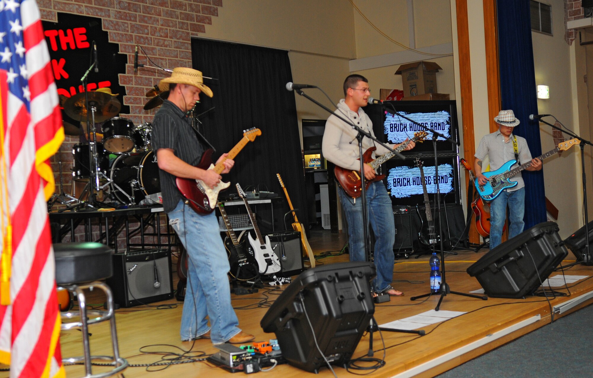 SPANGDAHLEM AIR BASE, Germany – Airmen and other base members perform together during the monthly Open Jam Night at the Brick House here May 3. The Brick House’s Open Jam Night allows base members to showcase their musical talents for an audience once month. (U.S. Air Force photo/Airman 1st Class Dillon Davis)