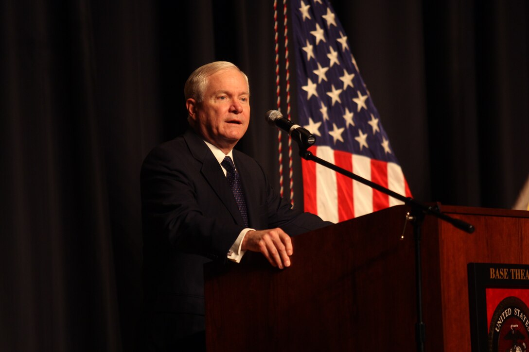 Secretary of Defense Robert Gates speaks to Marines and sailors of the II Marine Expeditionary Force during his last visit as secretary to Marine Corps Base Camp Lejeune, May 12. Gates first visited the Tarawa Terrace housing community and succinct damage incurred from the April 16 tornado before coming aboard the base.