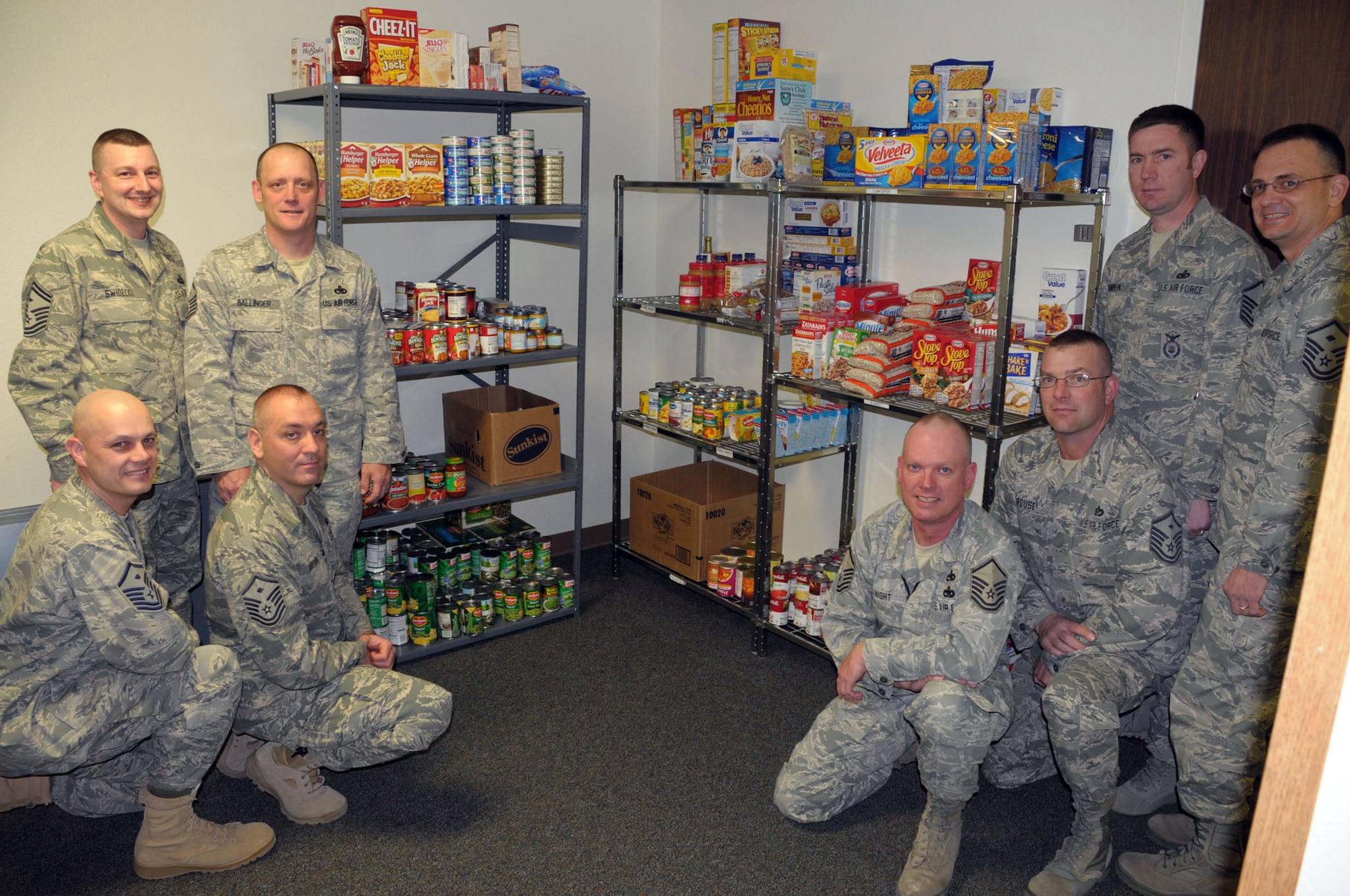 The F. E. Warren First Sergeant Council conducted a food pantry drive last week. The food pantry is designed to help prevent members and their families from going hungry. Each first sergeant collected cash or non-perishable items in their office. During the weekend, they hosted a hot dog burn where hot dogs were traded for donations. Thanks to all of the support, the first sergeants collected 798 items and more $200 during the drive. The next donation drive will be during the commissary case lot sale May 20 through 22. (Courtesy photo)