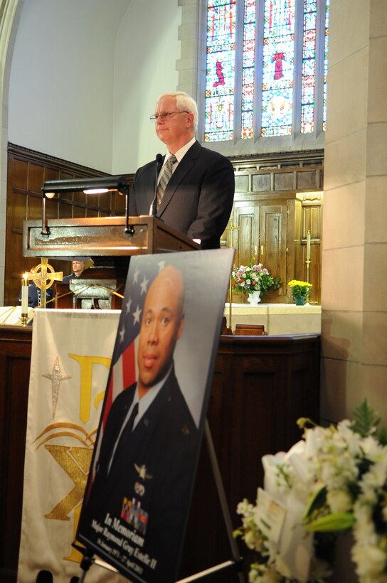 Tom Entwistle, Air Combat Command A9 director, leads a final roll call for ACC A9 during a memorial service for Maj. Raymond Estelle at the Langley Chapel at Langley Air Force Base, Va., May 11, 2011. “Major Estelle was an extraordinary Airman and invaluable member of our team. He will be greatly missed. Our thoughts and prayers go out to his family for the loss we all share,” said Mr. Entwistle. Major Estelle, an Airman assigned to Headquarters Air Combat Command, died April 27 at the Kabul International Airport, Afghanistan, of wounds suffered from gunfire. (U.S. Air Force photo/Senior Airman Antoinette Gibson)(RELEASED)