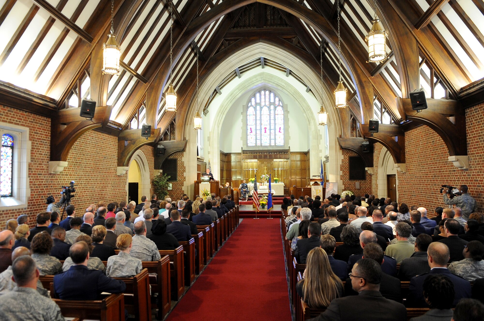 Family, friends, and fellow Servicemembers gather to celebrate the life of Maj. Raymond Estelle II during a memorial service at the Langley Chapel at Langley Air Force Base, Va., May 11, 2011.  Major Estelle, an Airman assigned to Headquarters Air Combat Command, died April 27 at the Kabul International Airport, Afghanistan, of wounds suffered from gunfire. (U.S. Air Force photo/Senior Airman Antoinette Gibson)(RELEASED)