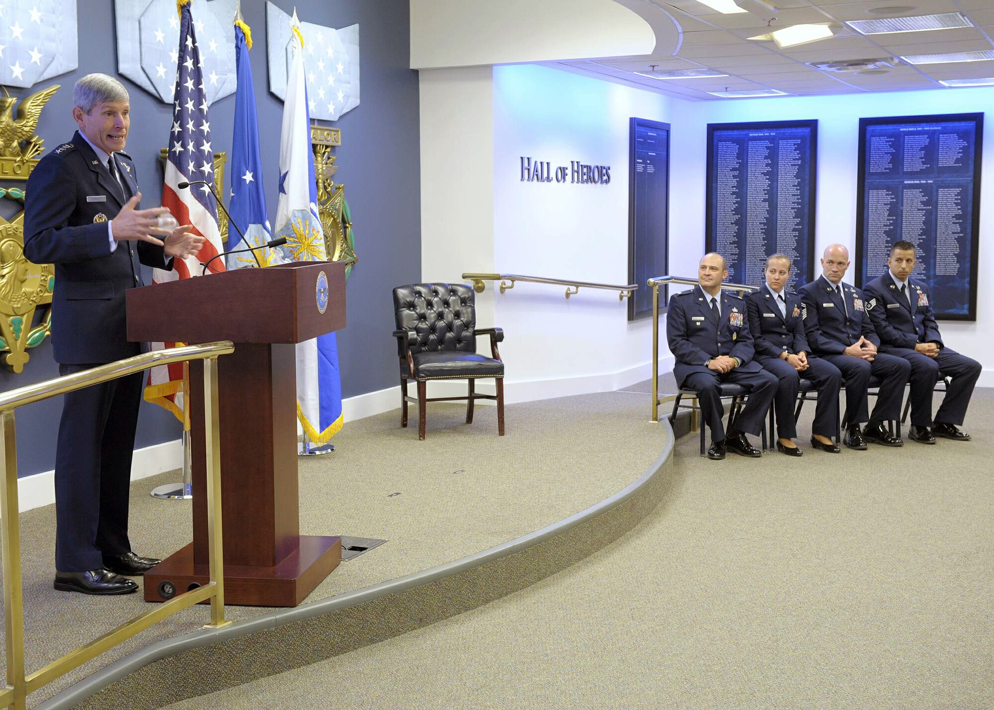 Air Force Chief of Staff Gen. Norton Schwartz gives remarks before presenting 2010 Lance P. Sijan USAF Leadership Awards to four recipients during a ceremony May 11, 2011, in the Pentagon's Hall of Heroes. This year's recipients are (seated from left) Lt. Col. Tony Millican, 1st Lt. Kathryn Miles, Senior Master Sgt. Brett Rogers and Staff Sgt. Michael Pereira.  The Sijan Award was created in 1981 to recognize individuals who demonstrate the highest qualities of leadership both in and out of uniform. (U.S. Air Force photo/Jim Varhegyi)