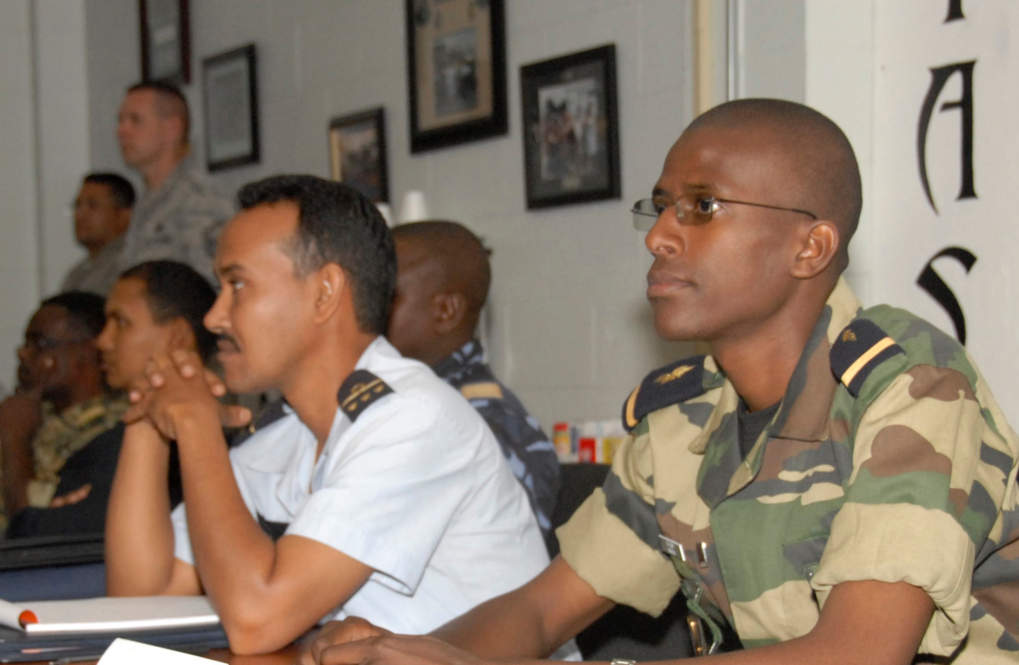 Lieutenant Lassana Diop (right) and Capt. Neid Ould Nebghough(left) learn fundamental maintenance and logistics management skills May 5, 2011, at Sheppard Air Force Base, Texas. The three-week course provides core elements, such as aircraft and vehicle maintenance, logistics and safety. The course is a partnership course between the 17th Air Force (Air Forces Africa) and Air Education and Training Command and includes students from Chad, Mali, Mauritania, Morocco, Nigeria, Senegal and Tunisia. Lieutenant Diop is from Senegal and Captain Neid is from Mauritania, and both are students in the Trans-Sahara Culture of Maintenance and Logistics Course. (U.S. Air Force photo/Danny Webb)