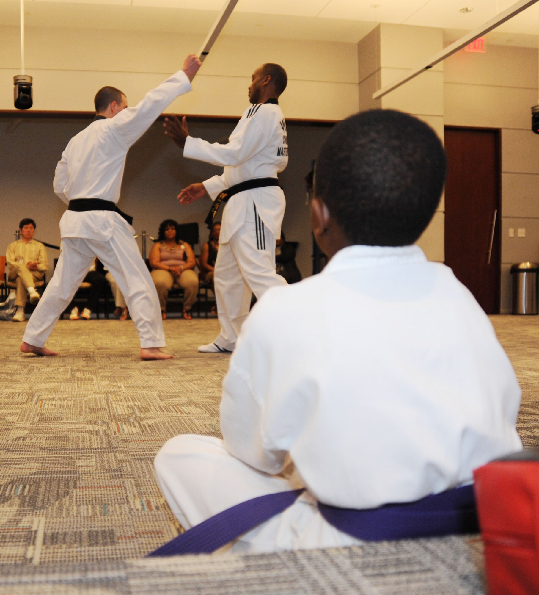 8-year-old Chris Atkins looks on as Tae Kwon Do Master Black Belt Lt. Col. Henry Lane of Air Force District of Washington's Lessons Learned demonstrates self-defense techniques with 779th Medical Support Squadron logistics technician Airman 1st Class Shane Borodycia during a health and wellness demonstration May 11 at the U.S. Department of Transportation's Headquarters, Washington, D.C. Atkins attends Tae Kwon Do classes led by Colonel Lane at Joint Base Anacostia-Bolling, Washington D.C. Colonel lane also leads Tae Kwon Do at Joint Base Andrews, Md. (USAF Photo by Benjamin Newell)