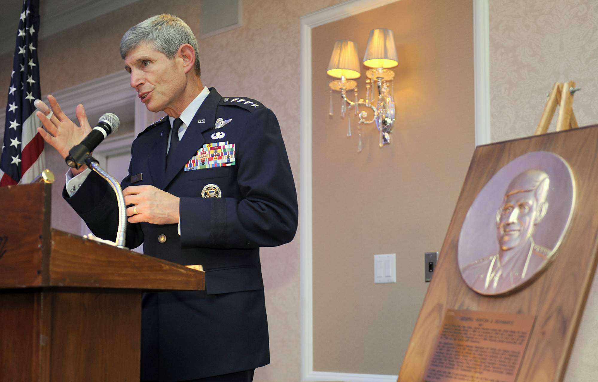 Air Force Chief of Staff Gen. Norton Schwartz gives his keynote speech May 11, 2011, during a ceremony honoring four inductees into the New Jersey Aviation Hall of Fame in Teterboro, N.J.  General Schwartz, who is from Toms River, N.J., was one of the four inducted.  (U.S. Air Force photo/Scott Ash)